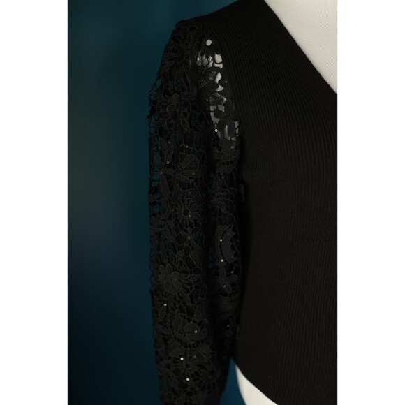 NWT French Connection Black Loa Joss Sequin Balloon Lace Sleeve V Neck Sweater - Picture 6 of 11
